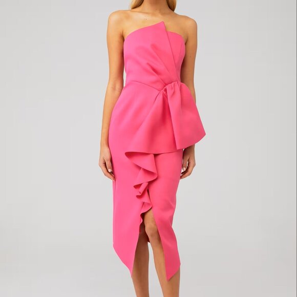 NWT ELLIATT Reception Strapless Pink Midi Dress Size XS Draped Ruffle Cocktail - Picture 1 of 9